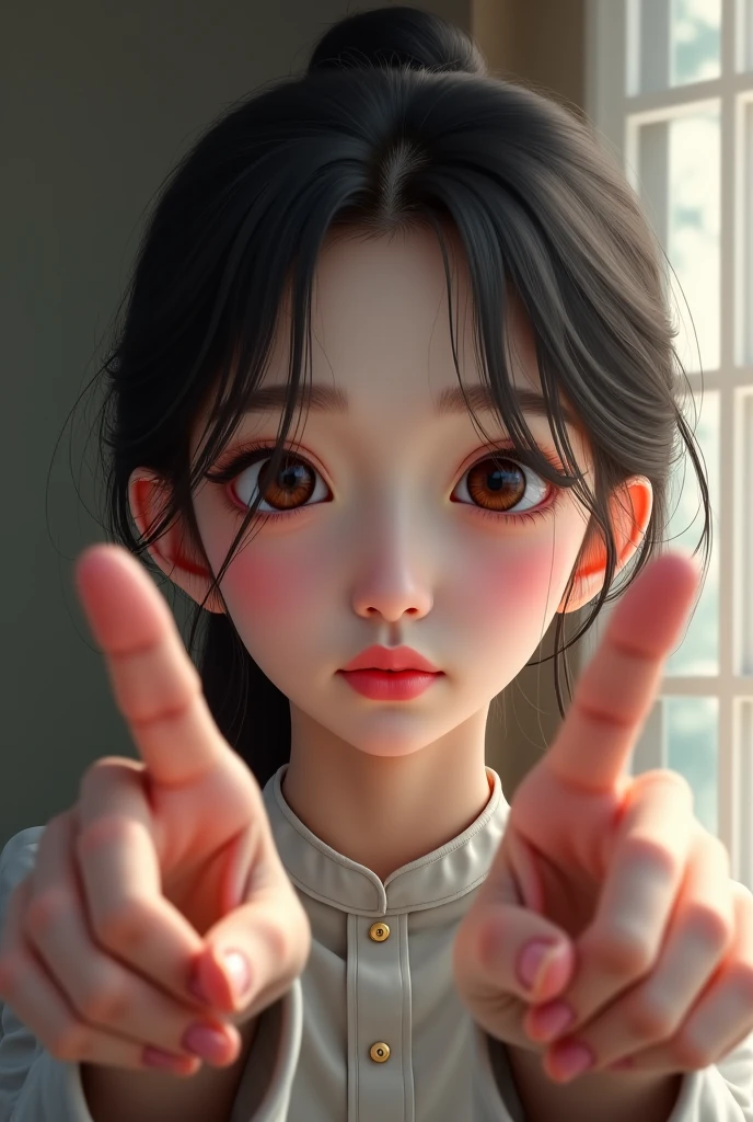 A little girl waving her hand to greet, with a simple gray background,