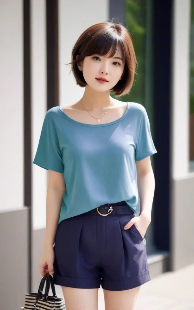((Highest quality、8K、High resolution、High resolution、masterpiece:1.3))、One Woman、26 year old Japanese woman、Short sleeve blouse and skirt with slit、Look at me with a smile、nice smile、(Kodak Portra 800 Film SMC Takumar 35mm F/ 2. 8 50 sec:1.1)、(RAW Photos、Photos like the real thing:1.2)、Clear photos、High-definition photos、Direct your gaze this way、Detailed face、Short Hair、A ruddy complexion、Just the right color balance、In a park with a view of the sea、The port and large ships are visible in the background.