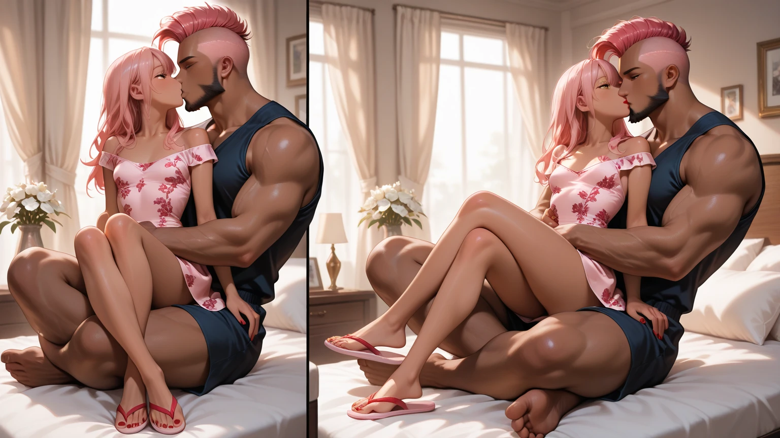 Marrying a beautiful woman with pink hair and full breasts Marrying a brown Brazilian man with a mustache dark blonde wavy hair, The two are very happy , the guy is 181 cm tall and the woman is 1,59 cm tall, the woman has a butt too, wears glasses and has brown eyes like her husband