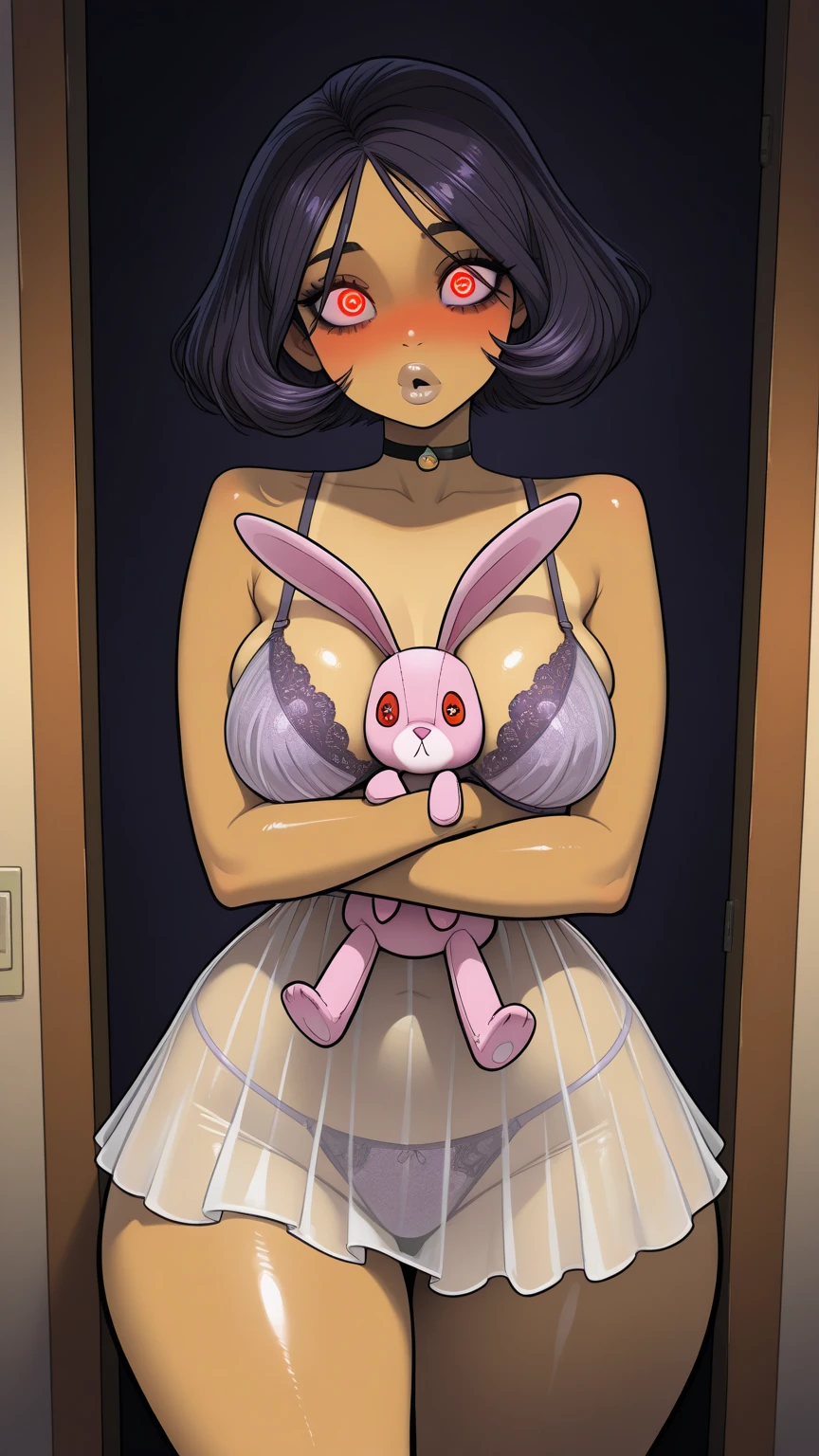 a women, Pink rabbit ears, Black hair, Pink eyes, Pink dress,cute big breasts,Sitting on the bed,