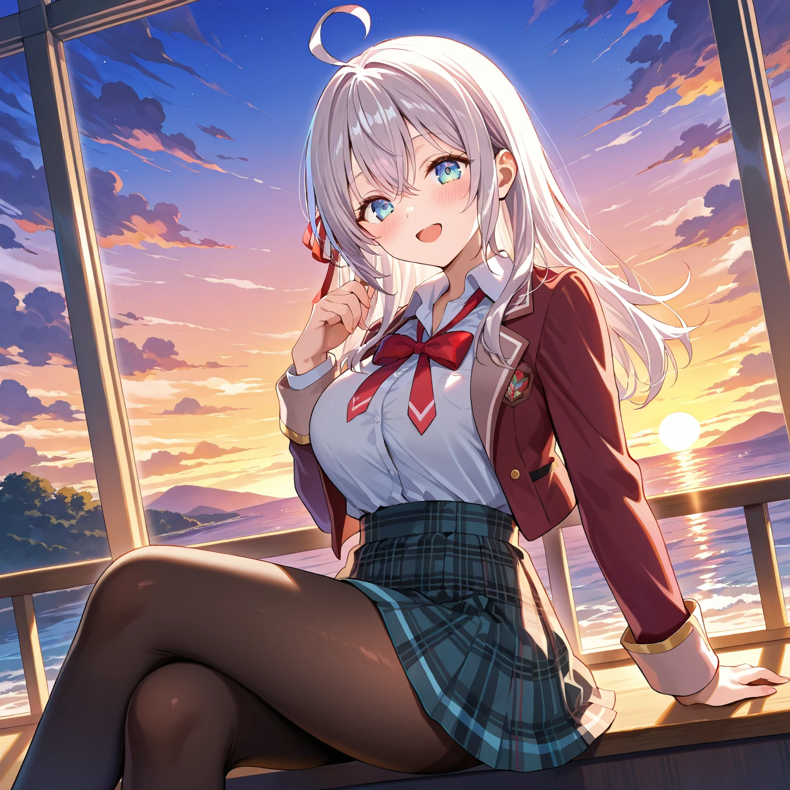 obra maestra, alta calidad mejor calidad, 1girl, flequillo, playa, blue_sky, rubor, arco, pechos, a cuadros, checkered_shirt, checkered_skirt, nube, cloudy_sky, 鎖骨, tag, sobre, dar, hierba, hair_bow, heart, sostenimiento, holding_letter, horizonte, incoming_gift, kazami_yuuka, leaning_forward, lens_flare, carta, light_rays, long_hair, looking_at_viewer, love_letter, mountains, mountainous_horizon, ocean, al aire libre, plaid, plaid_background, plaid_bikini, plaid_bow, plaid_bowtie, plaid_bra, plaid_dress, plaid_headwear, plaid_jacket, plaid_legwear, plaid_necktie, plaid_neckwear, plaid_panties, plaid_pants, plaid_ribbon, plaid_scarf, plaid_shirt, plaid_skirt, plaid_vest, POV, camisa, falda, cielo, sonrisa, solo, sol, rayo de sol, luz del sol