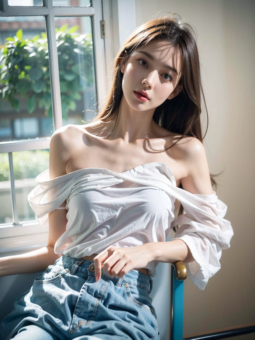 (Extra detailed body、The face is rich in detail、Best quality:1.2)、woman、looking at the audience、(quirky fashion、Large shoulder-length piercing、A necklace、Clothes with high contrast colors、Asymmetry)、(Contrasting white and gray wall on background),Smiling,Between bookshelves,Gentle,read,,beauty,sweet