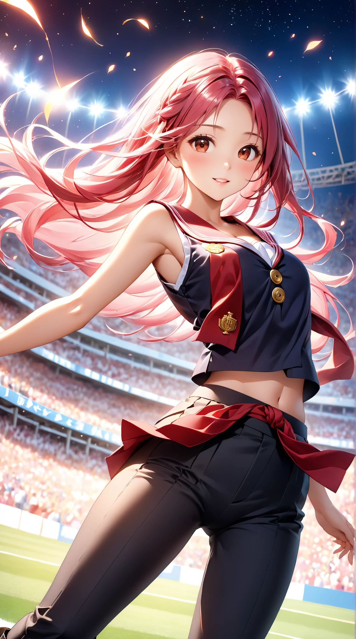 highest quality、High resolution、Detailed Background、(Beautiful face in every detail:1.4)、Anatomically correct、(Detailed facial expressions)、(Detailed eyes:1.2)、(Detailed eyes:1.2)、Teenage beauty、(Highly detailed face:1.4)、Brightly colored hair、well-groomed eyebrows、ponytail、(Huge breasts:1.4)、Perfect body line、Big Ass、A cute, cosplay-style sailor dress、No sleeve、A big smile、(Uplifting)、Show your side、White panties、Vast Sky、(Cheerleader、I support you)、(Pom-pom:1.2)、

(A cheerleader girl jumping and flying in the sky:1.5)、

Emphasize underboob、Angle from below、View here、Laughing with your mouth open、smile、Healthy thighs、Healthy Beauty、With legs apart、Show your side、Panty Shot、cute、Bright colors and pop colors、pink、yellow、Pastel colors etc.、Ruffles and laces、Sleeves and hems of clothing、Ruffles and laces are applied to the collar etc.、Animal and floral patternotifs such as hearts、Dresses and skirts、Femininity and cuteness、Hair accessories and ribbons