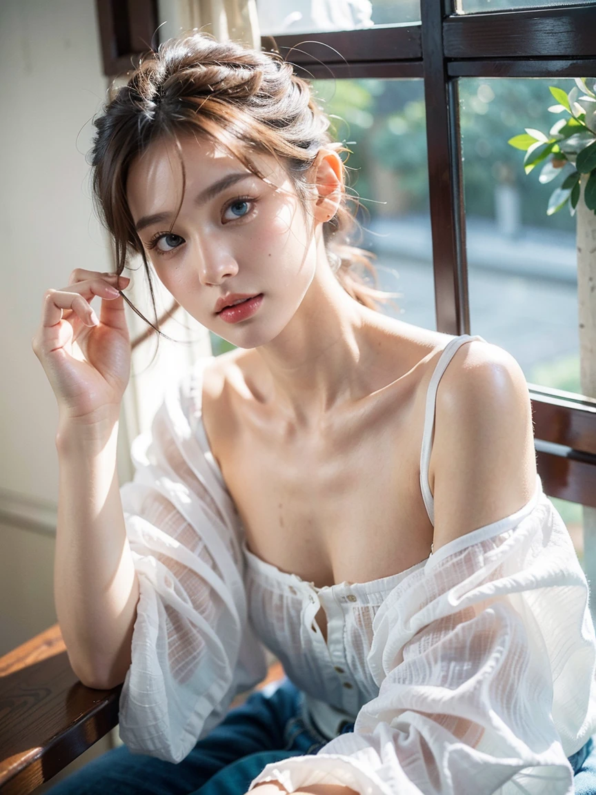 1girl，idoly，mannequin，depth of fields，a picture，cinematic ligh，the face，being thin，laughingly，鎖骨，teeth，cinematic ligh，camisole，self-shot，natta，sofe，Light