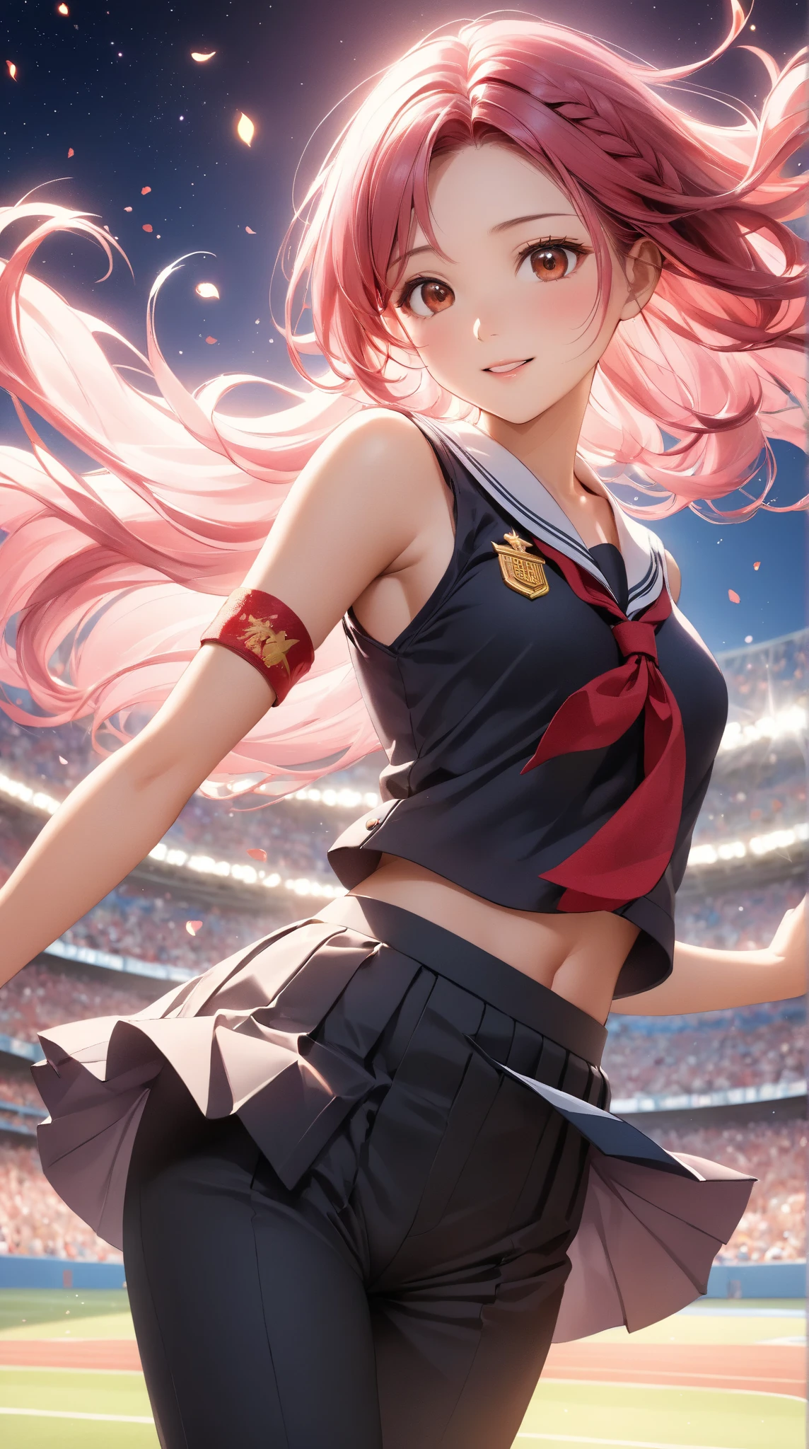 masutepiece, Highest Quality, (Perfect face:1.1), (high detailing:1.1), (ultradetailed eyes),Dramatic, superfine illustration, Extremely detailed,1girl in, teenager,(pale skin), Happy, Laugh, Enjoy, pinkhair, ponytail,gloweyes,pink eyes,Ethereal eyes, with heart-shaped eyes,wink,open mouth,smile,Solo,Pouty lips,Cinematic lighting,cowboy shot,cheerleader, looking back,outdoor,bluesky,sunny