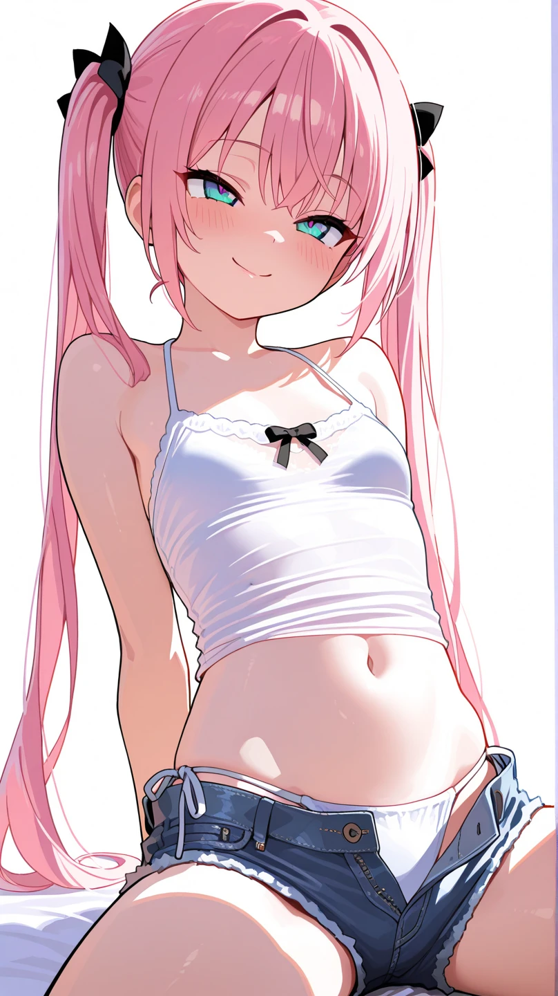 Highest quality 8K resolution,masterpiece, Exquisite detail, Realistic, Realistic, Soft tones,Color Palette, Alone, (25 year old girl:1.6),(Small eyes:1.5), (Long Straight Hair:1.5), Shiny light pink hair,Asymmetrical bangs,(No bra,Knee socks), (Sleeveless lift:1.6),(Simple underwear),Beautiful proportions,(Happy face:1.4),Open your mouth,(Shiny white skin),Very beautiful detailed eyes,blue eyes, (Mid-chest,Cleavage:1.2), necklace,Earrings,accessories,Cowboy Shot, Are standing, indoor,Detailed clothing,(Embarrassed look),Six-headed,(low length)