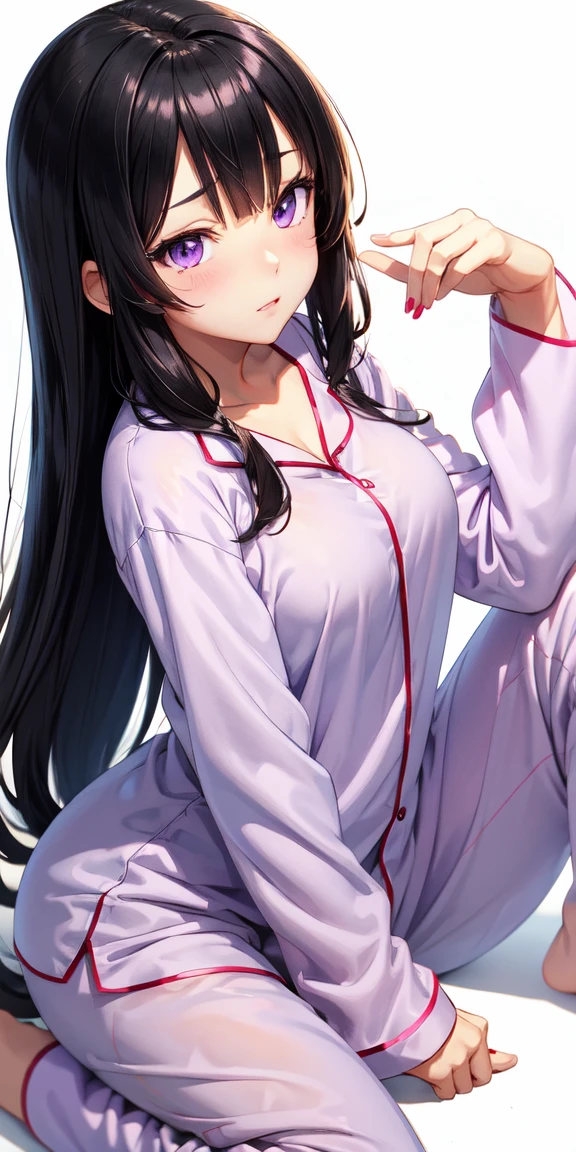 Misako amamiya,perfect ,black hair, long hair, (hair over one eye:1.4), messy hair, hair between eyes, hairclip,plump, chubby,fat, cute motif pajama, cute shy blush on