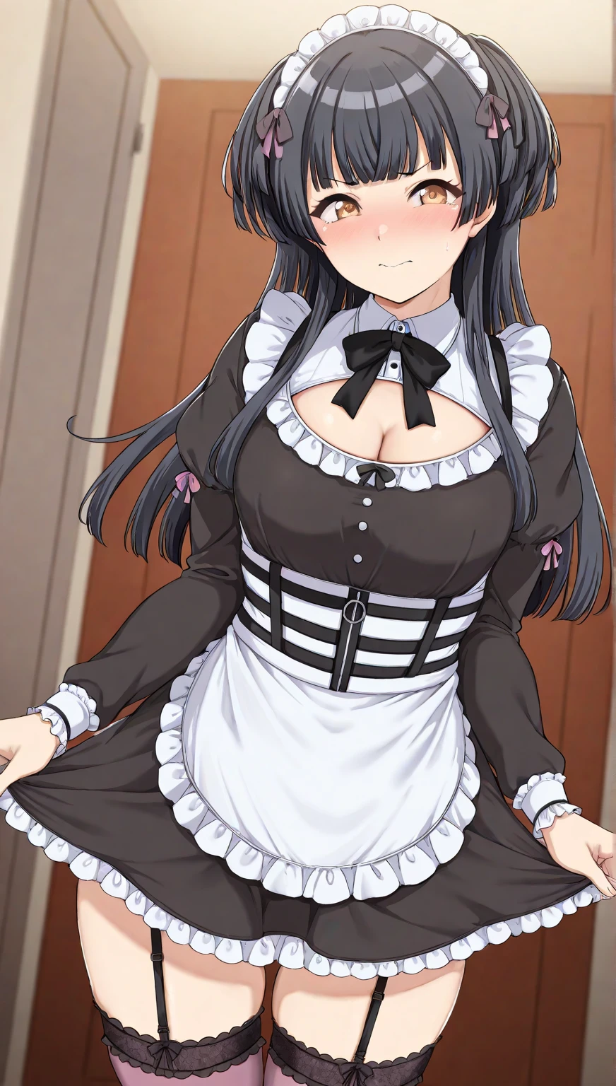 masterpiece,(bestquality),highlydetailed,ultra-detailed,{black hair} (long whitr hair)(Lateral hair)(Shawl hair)(hair straight),(glasses),(Yellow eyes),fleshy feeling,fleshy legs,A cooking housewife, detailed kitchen utensils, delicious ingredients, high-quality photography, vibrant colors, soft lighting, detailed facial expressions, messy hair, focused eyes, happy and content.