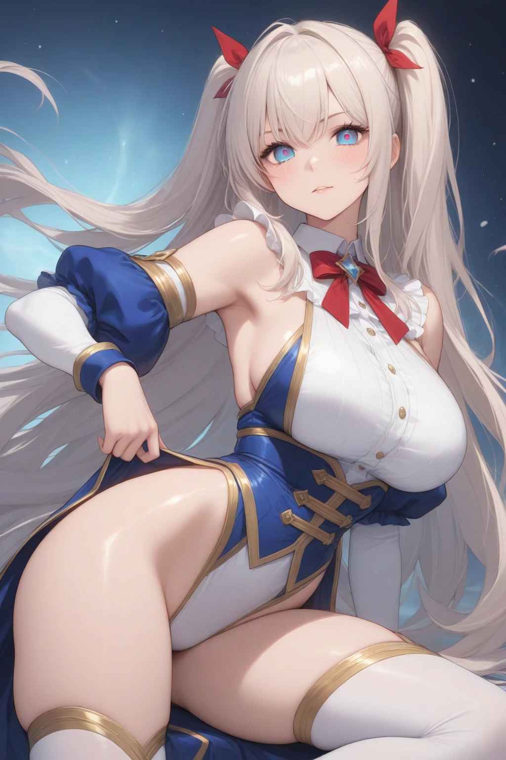 1girl, large breasts, thick thighs, wide hips, blue jacket, yellow eyes, white hair, horizontal stripes, striped bikini, smile, happy, light smile, long hair, open jacket, bikini, 2d, anime style, anime screencap, epaulettes, (blue stripes)