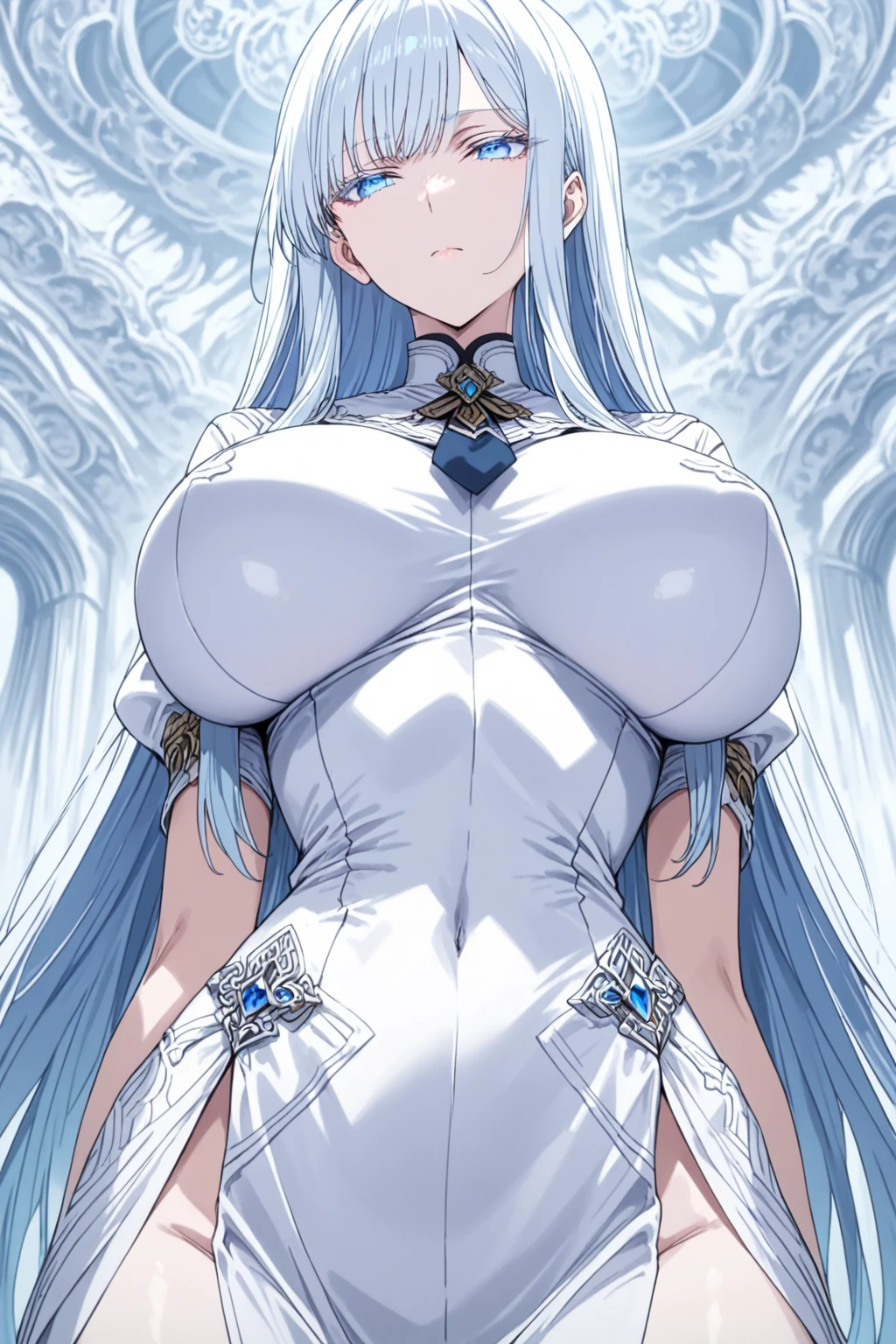 蹲下,(absurd res, A high resolution, ultra - detailed, hyper HD, Cinematic), Alone, 1个Giant Breast Girl, Shadowed Elegance,Cursed beauty,mature, Happy,hime cut,long hair,blue eyes, (huge breasts:1.6),cleavage, collarbone, bare shoulders,armbands,(corset),(larger breasts:1.6), girl standing in light blues flower field, light blues flower petal surrounding girl, full bodyesbian, silver long-haired girl, light silver hair, fanciful, dream-like, Snowy Land, offcial art, trending art, contours, ultra - detailed face, ultra - detailed eyes, light blues flower field, ultra - detailed field, The white blue sky, Cold, light blues, The white,  Nebula in the sky, blue tree, aquarelle, pastel colour