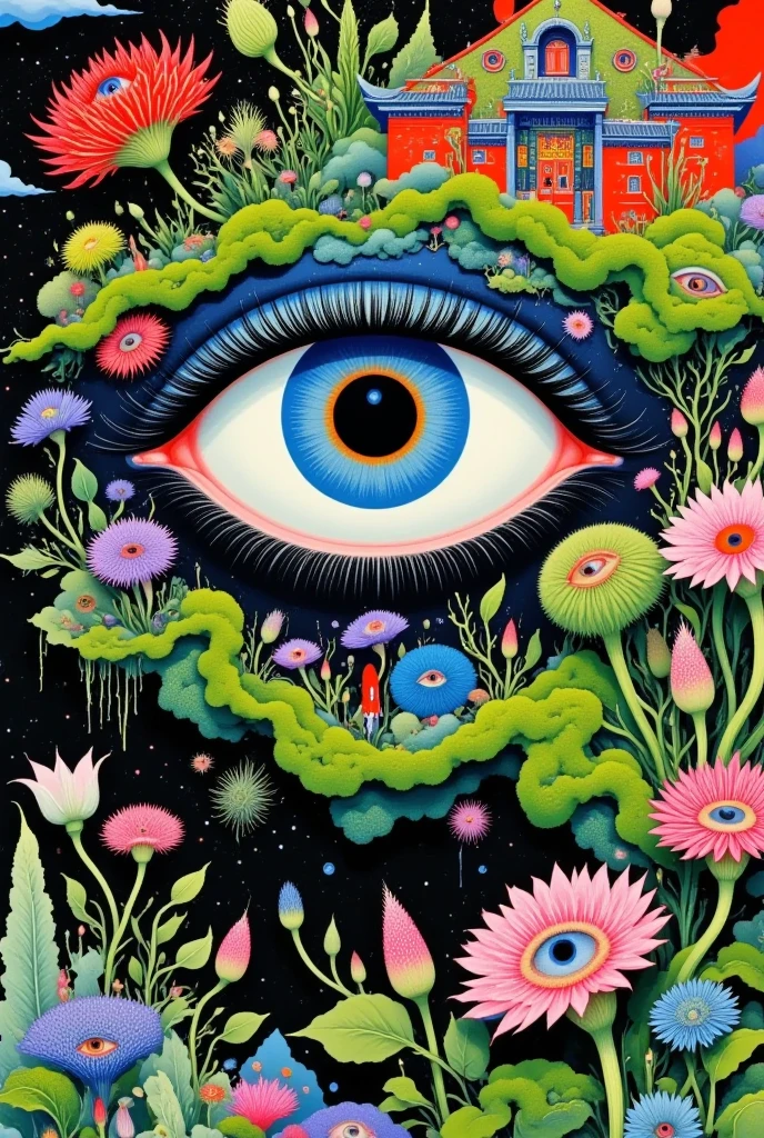 Strong visual fusion of multiple elements，Broto，来自Star的艺术家，house：1.37、Eye、Star、cloud、Spore powder、Tentacles，Describing the inner world of autistic people，密集Pointillism method。Smooth lines。Strange illustration。Pointillism method。Strong contrast。Award-winning works。