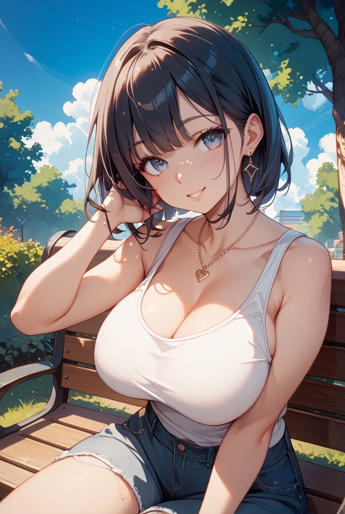 (Highest quality, High resolution,  Masterpiece, 4K), (Soft light、Luster of hair、Beautiful eyes)、young woman、The whole body is visible、Adorable smile ((Wavy medium short hair, bangs, Chestnut Hair)), ((Wistful eyes、Gray Eyes, Perfect Eyes)), ((Detailed face, blush:1.1)), ((Smooth texture:0.75, Realistic texture:0.65, Realistic:1.1, Anime CG Style)),Medium chest、A body with just the right amount of flesh、(Sexy thighs、I see beautiful legs)、White cut and sew、Denim shorts、Cute Necklace、Earrings、Angle from the front、Peeking into this、Composition from below