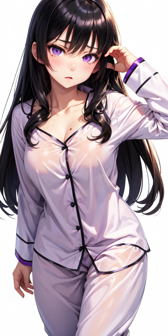 1girl, mature women,perfect ,black hair, long hair, (hair over one eye:1.4), messy hair, hair between eyes,plump, saggy breast, pajama, cute shy blush on , bedroom