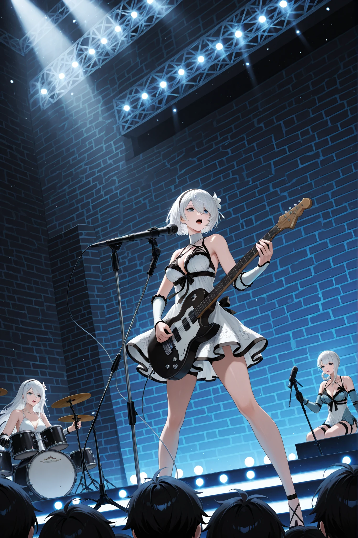 Highest quality,masterpiece,Hard rock band vocalist,Live Stage,Performing live in underwear,Thong,Small live music venue,High tension,Silver Hair