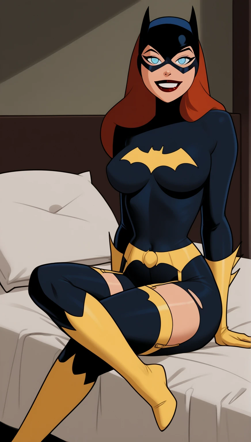 masterpiece, Best quality, 1 girl, One, a high resolution, landscape, cartoon_Onegirl_own waifu,batgirl mask ,long hair,Blue eyes,Body,breast,e.g,domino mask,belt,medium breast,superhero,gloves,lips,black Body,Helmet,belt buckle,horns,One_Print,pouch, lush, toned, large breast, slim waist,lying on his back, legs spread wide, knees bent , the back is arched back, angry , perfect body, hands above head