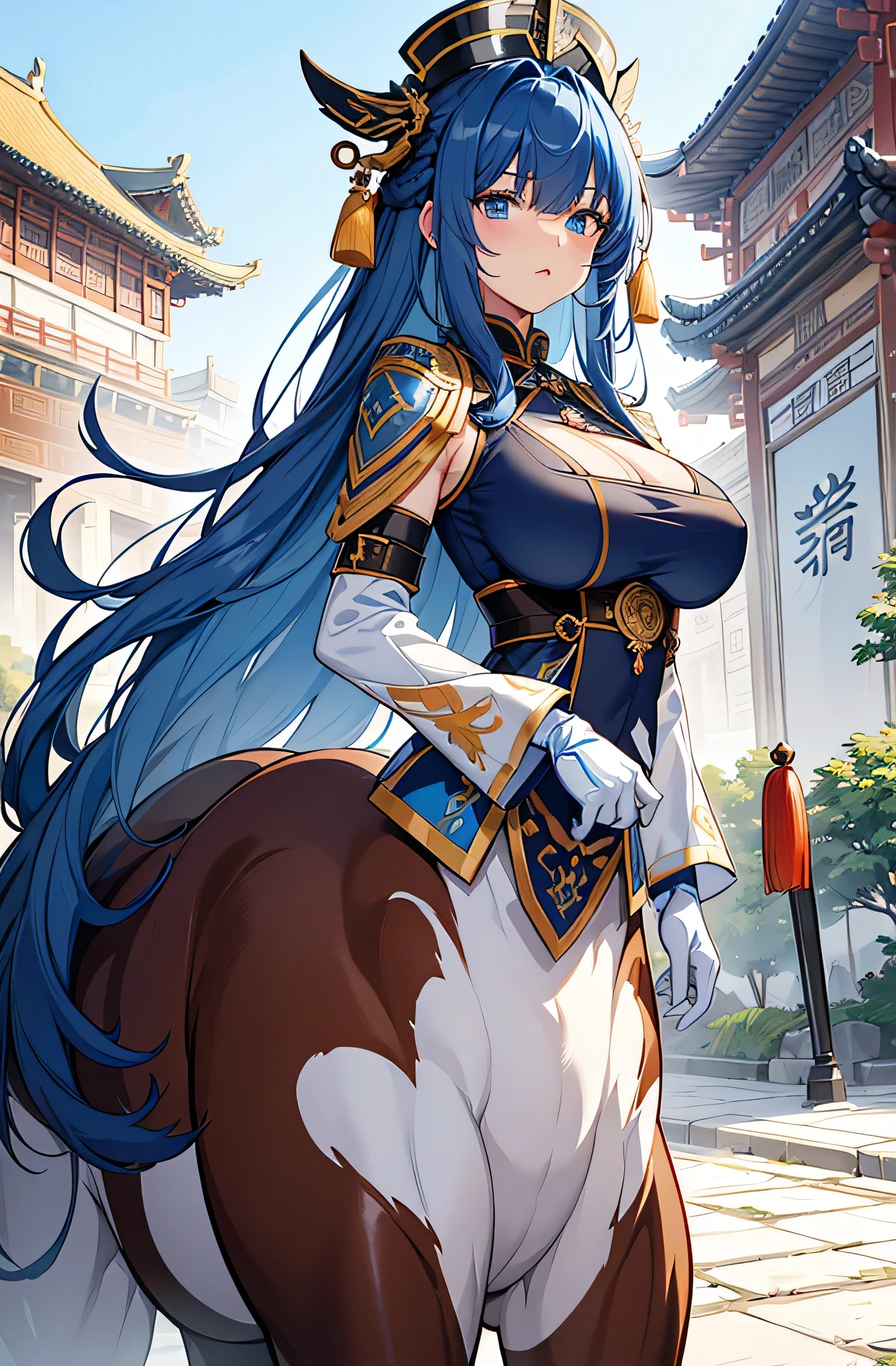 4K,High resolution,One Woman,centaur,Blue Hair,Short Ponytail,Big Breasts,Brown fur,Swordsman,White Chinese dress,White gloves,Jewelry decoration,Chinese Knife,Medieval town