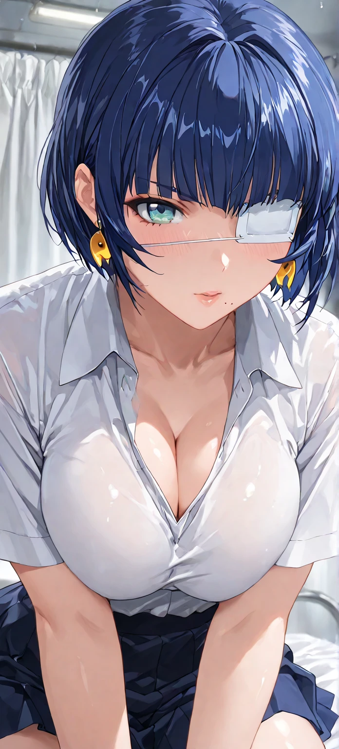 a sensual woman with voluptuous breasts,large breasts,extremely large breasts,sexy milf,nude,blue hair,glasses,(best quality,4k,8k,highres,masterpiece:1.2),ultra-detailed,(realistic,photorealistic,photo-realistic:1.37),highly detailed facial features,beautiful detailed eyes,beautiful detailed lips,extremely detailed eyes and face,long eyelashes,photorealistic,hyperrealistic,detailed anatomy,dramatic lighting,cinematic composition,vibrant colors,glowing skin