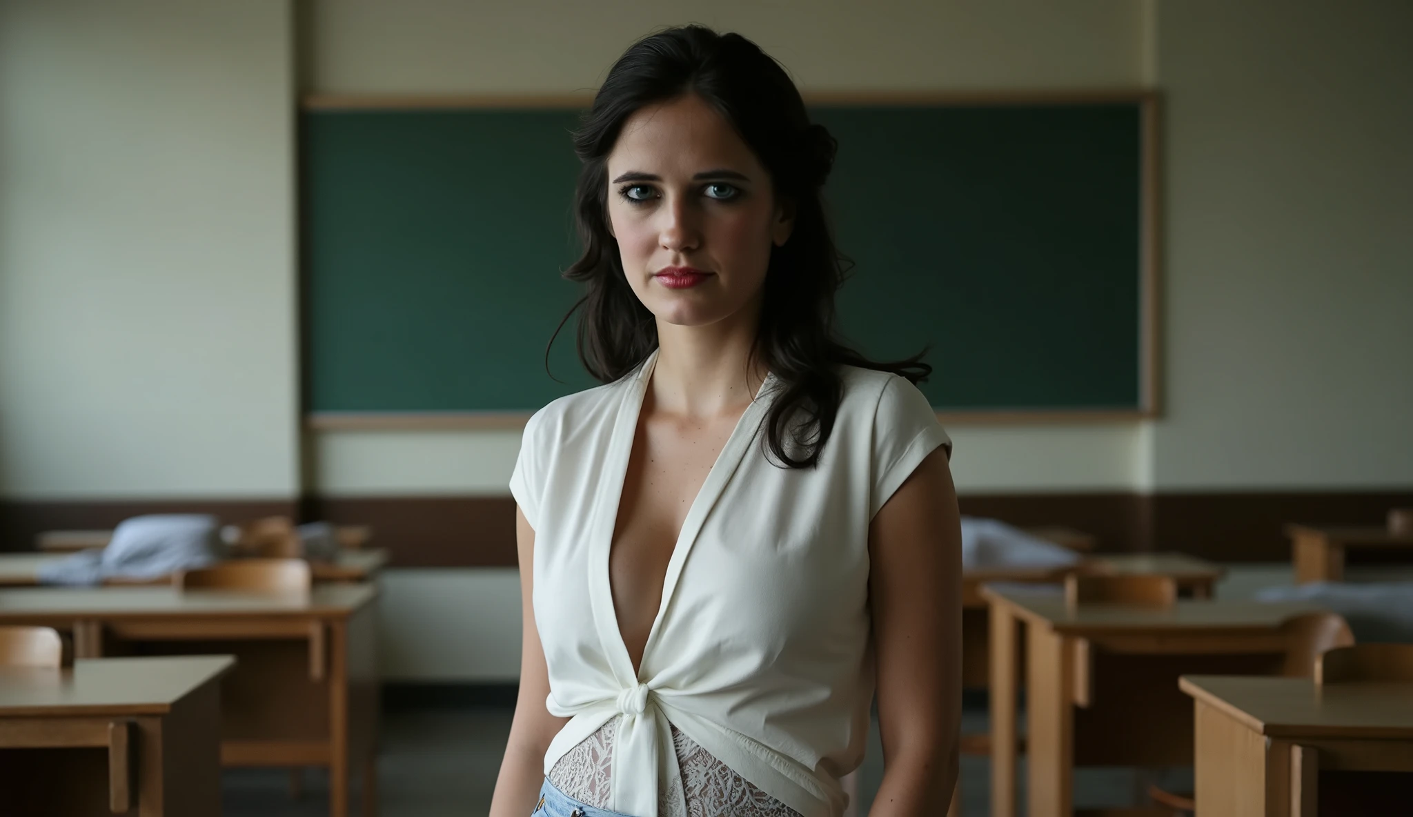 Eva Green in jeans pants and white shirt cleavage white bra, in a classroom,
