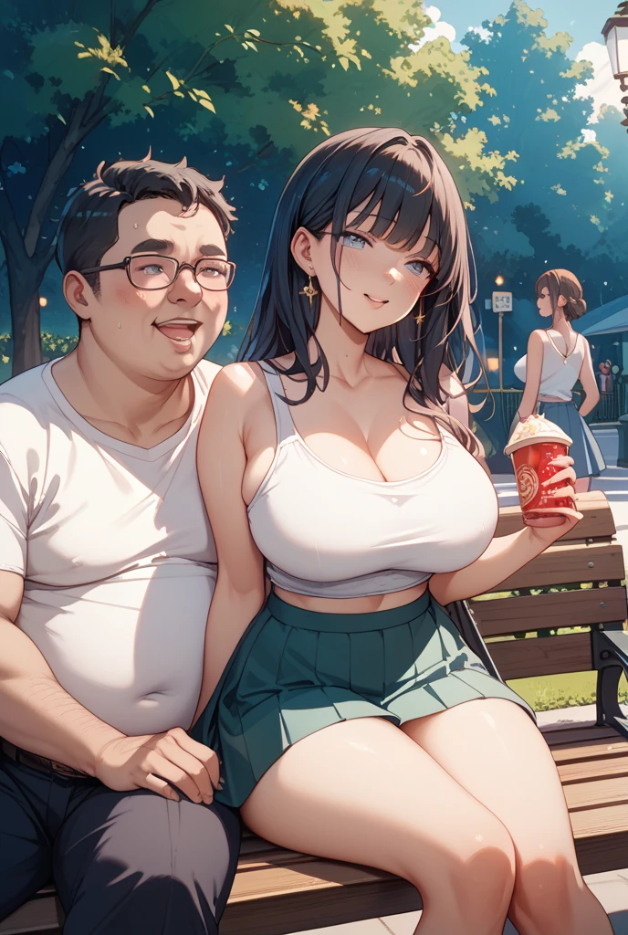 Woman with red over-the-shoulder bob hair who wears glasses with loose blouse and shorts and a dark-skinned man friend who wears glasses, low hair with everyday clothes, They're together 