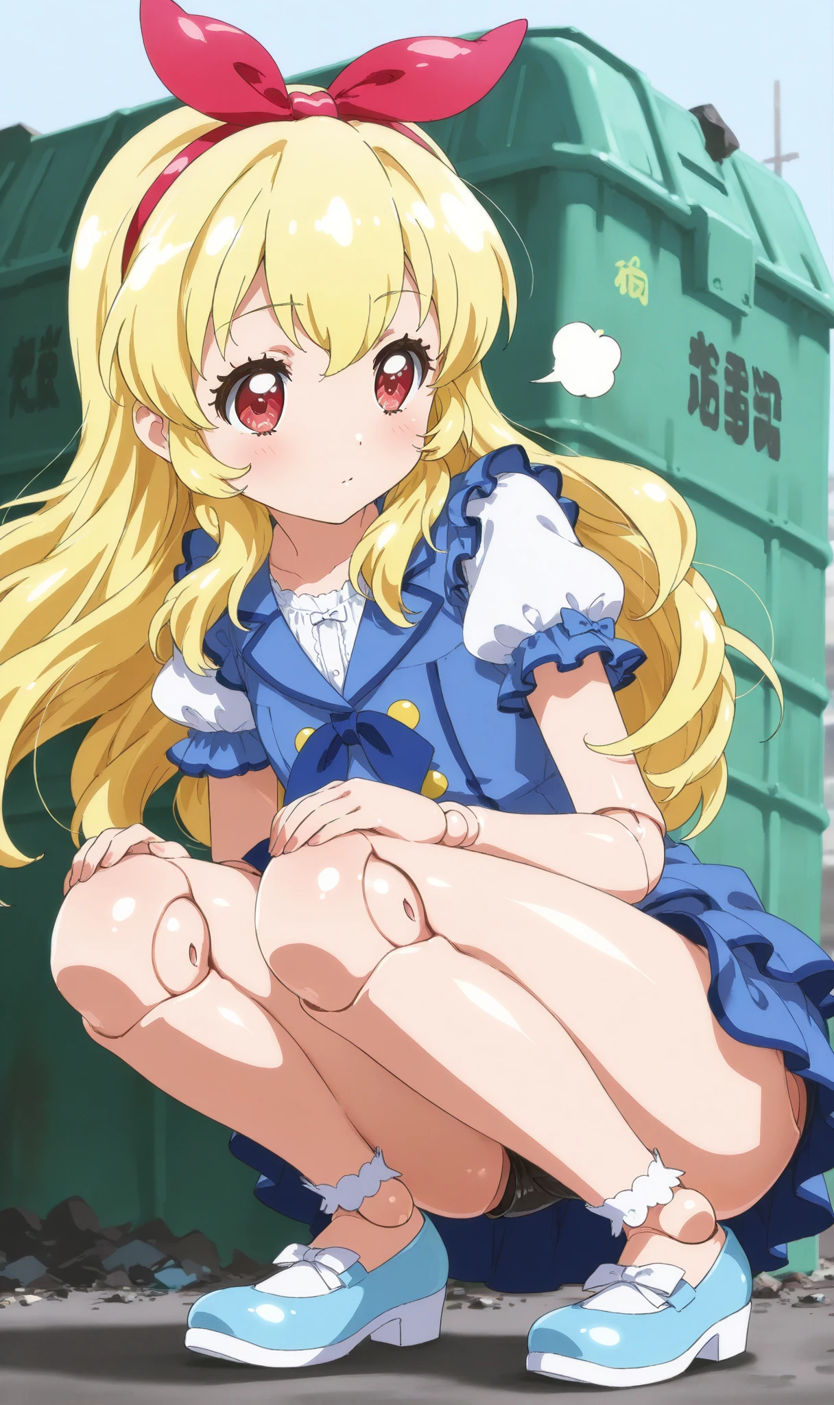 best quality, alice in wonderland, petite girl, cat ears, lemon yellow hair, long hair, extra-long sideburns, two side up, squatting, girl pee in the toilet, peeing, peeing self, linear pee, looking down, lolita fashion, sailor collar, sleeveless, [closed eyes: (empty eyes:1.3):11], (blush:1.5), (tears:0.6), full body shot, from below