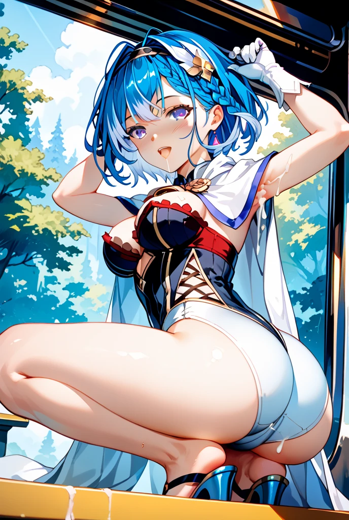 NSFW,((1man with 1woman,Having sex )),Riding on top of a naked man,Hand down,straddle,bared chest,Smile with open mouth,
Furina,(shorth hair),Hair over one eye,((Gradient Hair)),multicolored eyes, Gradient Eyes, (Glowing eyes:1.5), Parted lips,blush,Shirt, gloves, Long sleeves, hat,Jewelry,Jacket, White shirt, flower, Black Gloves,ascot, Thigh strap, Blue jacket, brooches, Pedras preciosas, blue headwear, blue flower, hat flower, Blue Rose, Inclined hat, blue gemstone, Blue Ascot