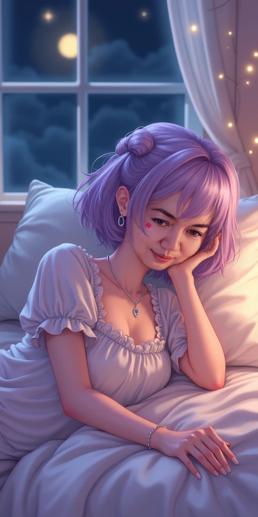 (masterpiece), (best quality), (detailed), light layer, 1solo girl, young girl, perfect body, purple hair in curls, defined large chest, small waist,defined collarbone, ultra realistic, photorealistic, detailed, ,Enhance, wearing a anime shirt and mini skirt, bedroom background, lying on her back on he bed, side view