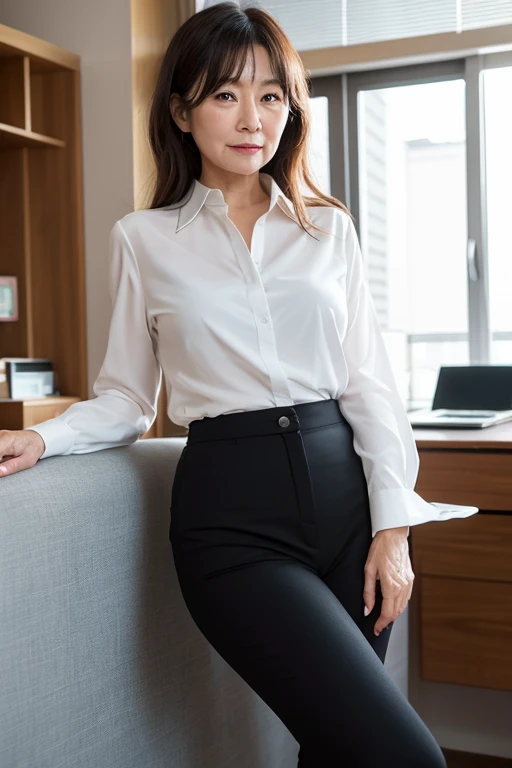 ((best qualhty, 8k, 32k, masterpiece, high resolution, UHD)), 1 milf, classy seductive, plump:0.2, musclar:0.4, wearing shirt, fitting chino pant, 