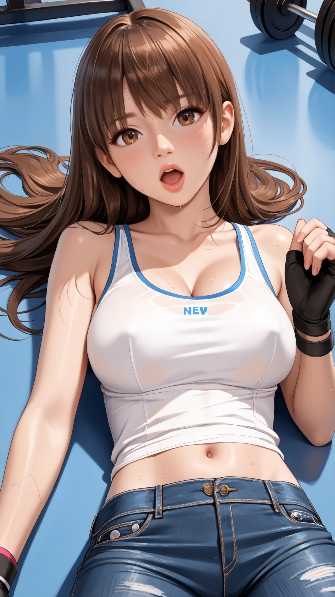 Jinx, Fleshy thighs, Instagram pose, Dynamic angle, Show armpits, ((Sportswear, C cup)), Nipples, Happy expression, (Entire body image:1.5), (8K, Best quality, A high resolution:1.35), (RAW photo:1.2), (Photorealistic:1.37), (Masterpiece: 1.25), Dramatic lighting, Photon maping, Symmetry, Complexity, Elegance, (1 girl), Large of breast, (Long eyelashes, Detailed eyelashes, Eye shadows, Glowing eyes), ((Natural makeup, Clear facial features)), ((Curvy build, Showing stomach)), ((Fine detailed beautiful eyes: 1.2)), Bad girl, Erotic, ((Track field background, Night))