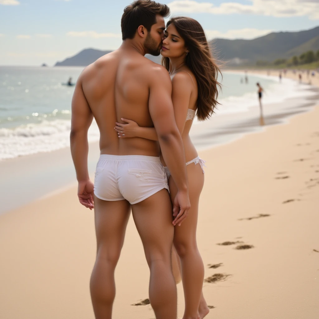 Cuckold chubby white hotwife, brown hair, white bikini, golden necklace, tall man, romantic,man hugging her, hotel garden, illustrations, ultra-detailed, realistic, vivid colors, full body picture, warm tones, soft lighting,photo from rear