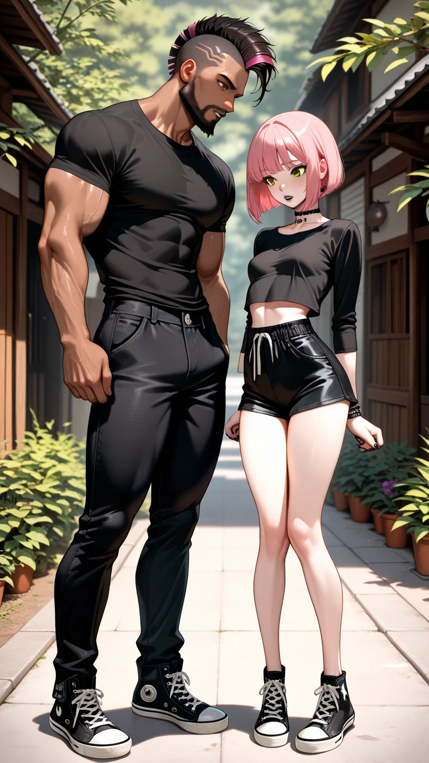high quality, detailed hd image, 8k, teen couple with silver hair and dark eyes shredded, topless, shredded arms, muscular legs