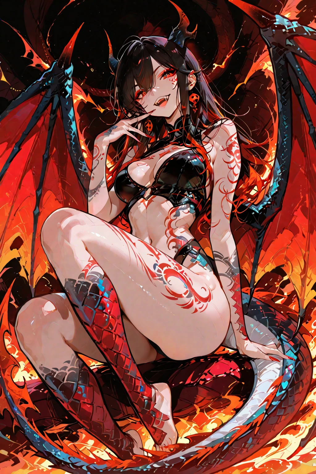 absurd, highres, ultra detailed, (ultra-detailed background, detailed background), extremely detailed, flame demon woman, adult woman, perfect adult face, 35 years old, (zentangle:1.2), (geometric:1.2), colorful, full body, sexy pose, short clothes, dragon tattoo, stars, tiny thong, almost naked, muscular, perfect body, vietnamese ornaments, demon of japanese culture