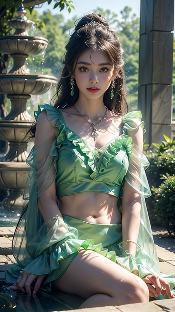 Masterpiece, super detailed, highest image quality, 1 girl, solo, long green hair, cabbage dress, exquisite jewelry, outdoor, BAIZE_MARS,