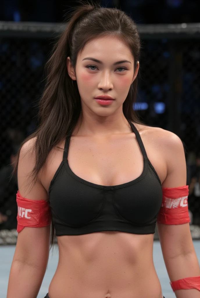 8k, masterpiece, Feminine Muscle, mature woman, 58 years old, Asian, beautiful, very fit, slender, milf, abs, white bikini, combat expert, ponytail, expert grappler, athletic pose, she knows she is unbeatable in combat, she knows all the men want her, she wants you so bad, extremely sultry stare