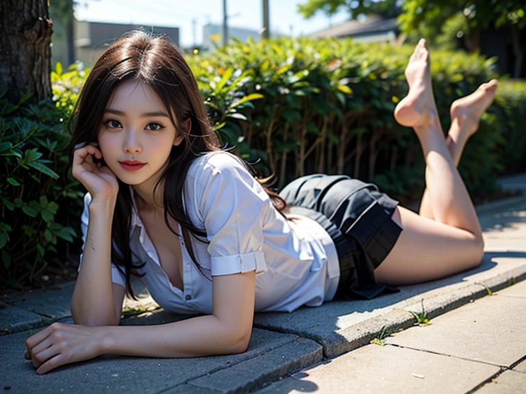 Best image quality, 16K, Ultra-high resolution, 8K, masterpiece, (Canon R5, F1.8, ISO100, 45MP, 1/4000), One Girl, alone, 17 years old, JK, high school girl, Medium Long Hair, bangs, Brown Hair, double eyelid, Long eyelashes, Lower eyelashes, Brown eyes, Looking at the audience, Wearing only a white shirt and a pleated skirt, White shirt fully unbuttoned, A green ribbon around her neck, Very good, D cup bust, Detailed depiction of nipples, Dark blue and white checked pleated skirt, A miniskirt that barely covers the top of the thighs, No pants, nude、Thin arms, Long, slender legs, Dark blue socks, Black loafer shoes, Spread your legs,sitting on a park bench, Full Body Shot, Looking excitedly from below,