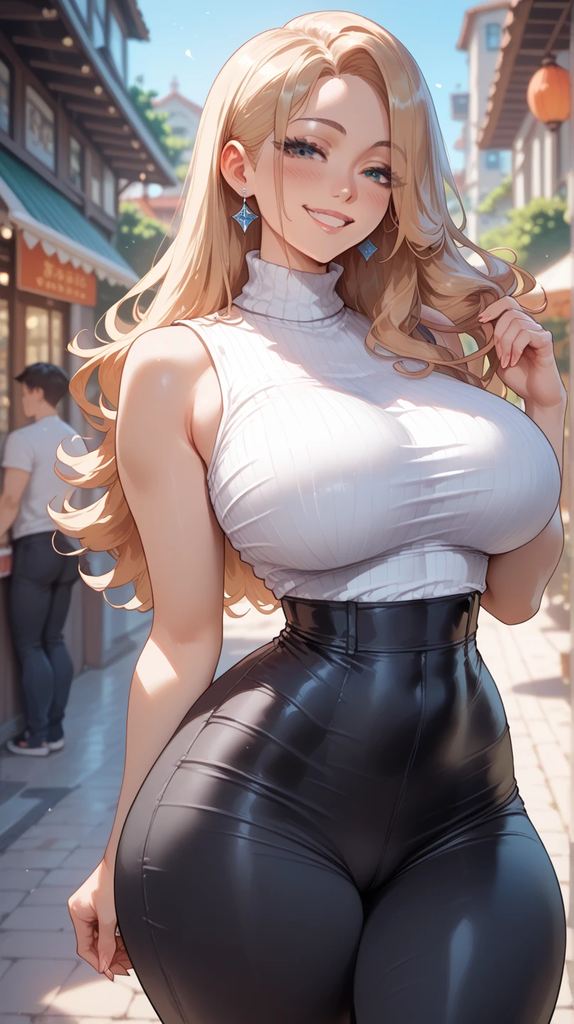 beautiful detailed korean girl, wearing Erotic Layered Maxi Skirt with Tank Top: A relaxed yet stylish outfit for casual or semi-formal events, beautiful face, shiny white skin, blonde hair, curvy body, ultra large breasts, massive cleavage exposed, city background