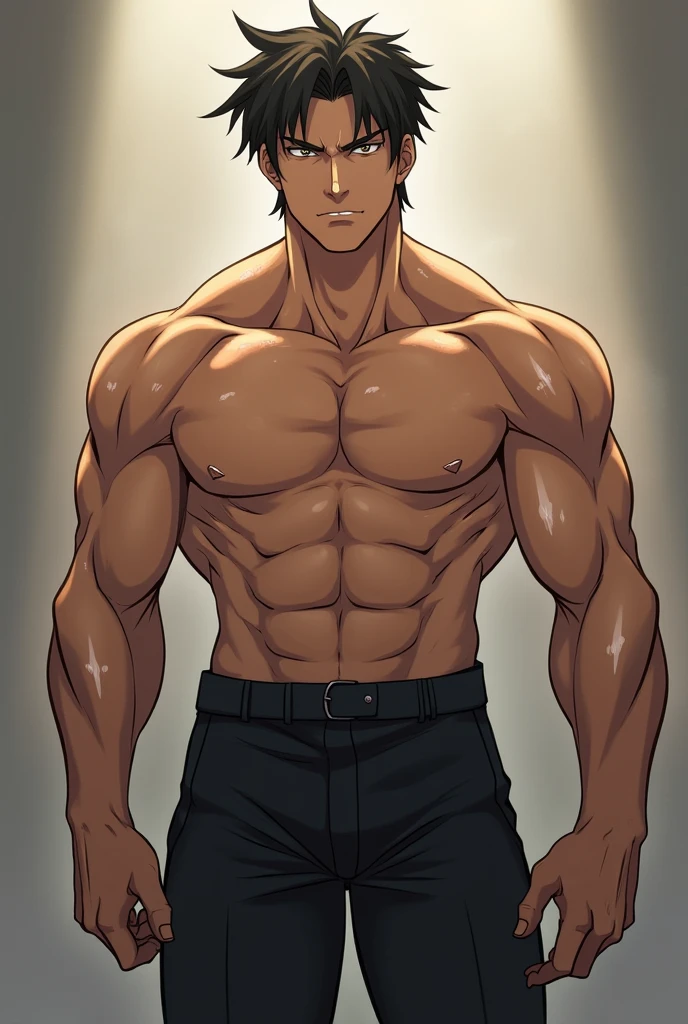 Roy Mustang from Full Metal Alchemist, shirtless, focused from below the chest, smug smile, posing like a bodybuilder
