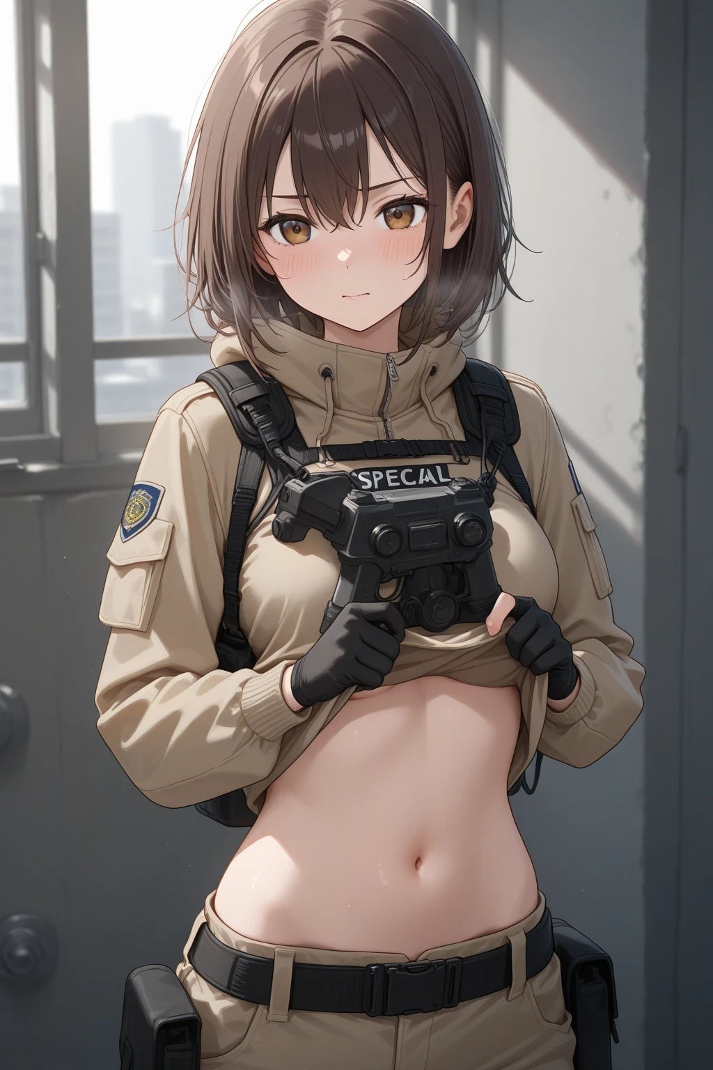 Naked beautiful japanese girls,Alone,Naked Police Girl,Wearing a police belt around his waist,Watch on wrist,Drunk,Hiccups、Embarrassing、Standing in front of a white wall,Right to chest,Left hand near mouth.Standing knee-high shot,night,Indoor Japanese-style room,Ultra high definition,16K