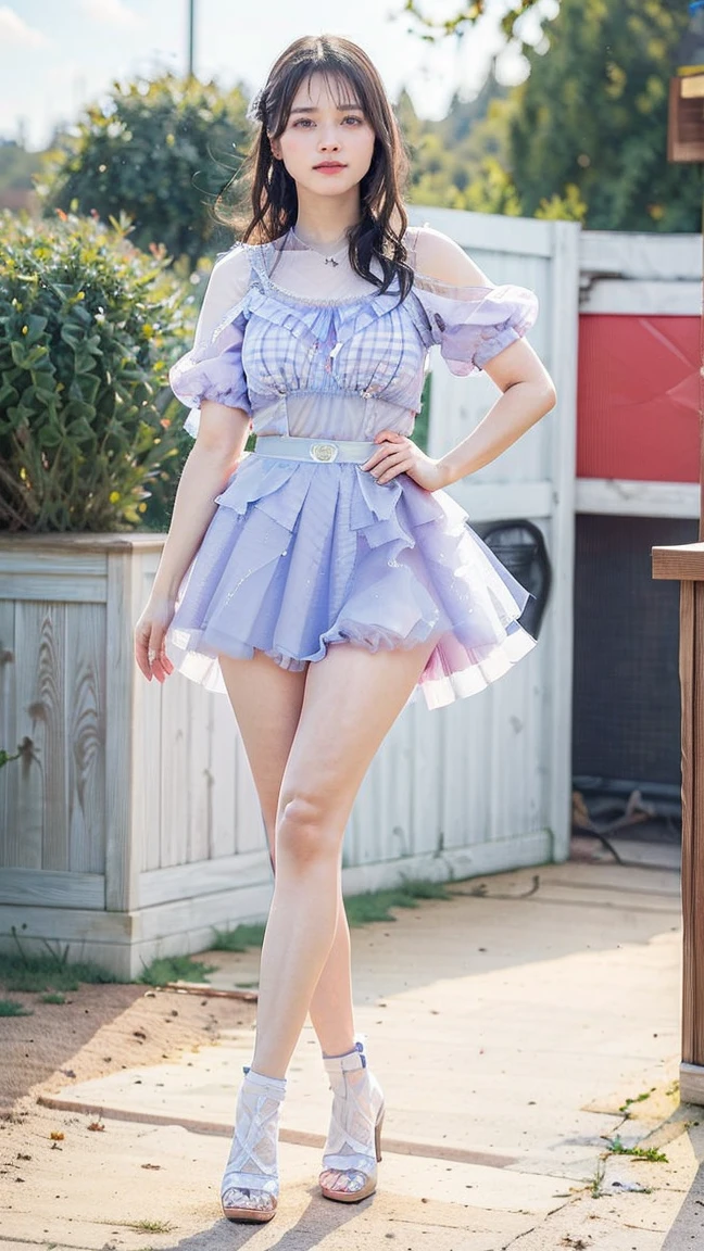 (8K、RAW Photos、Highest quality、masterpiece:1.2)、(Realistic、Photorealistic)、1 Girl、((Check skirt、Anime Cosplay、Navel exposed、See-through、Wavy and mysterious、I can see your feet、boots、Big Breasts、Viewed from the front、Stand with your feet apart、in the forest、))、Lots of eyelashes、Add shine to your eyelids、skeletally correct、Sweaty body、Beautifully trimmed fingertips、smile、Stand with hands on hips、In the sky