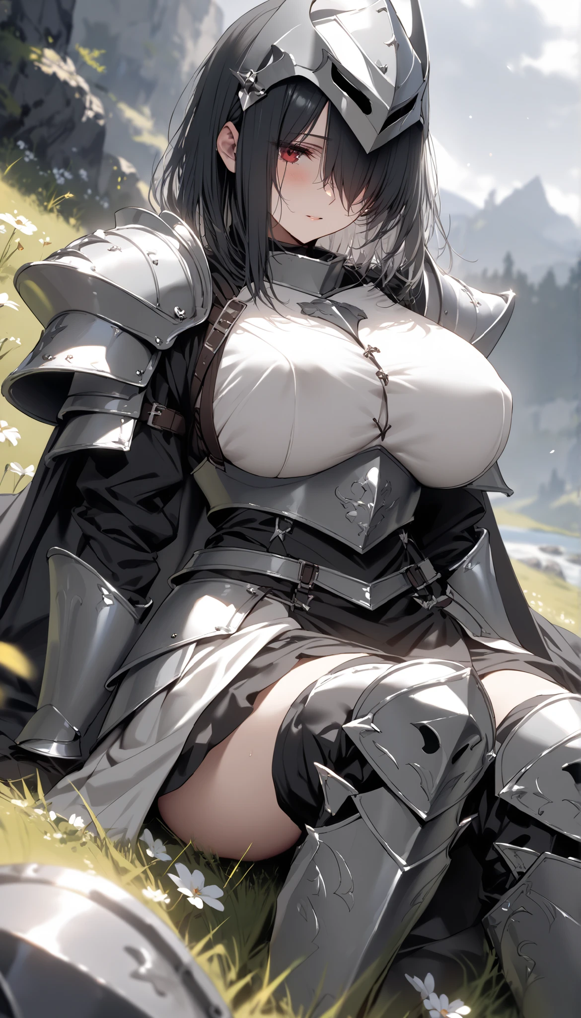 female knight Black Hair armor Torn white skirt White underwear battlefield Sleeping Big Breasts