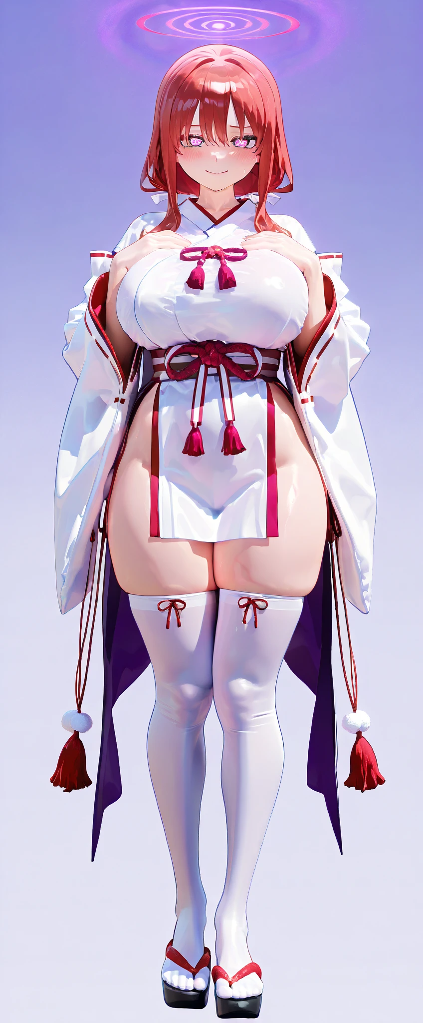 1girl, solo, shrine maiden, cleavage, detached sleeves, white thighhighs, japanese clothes, huge breasts, standing, hakama short skirt, full body, from front, front view
