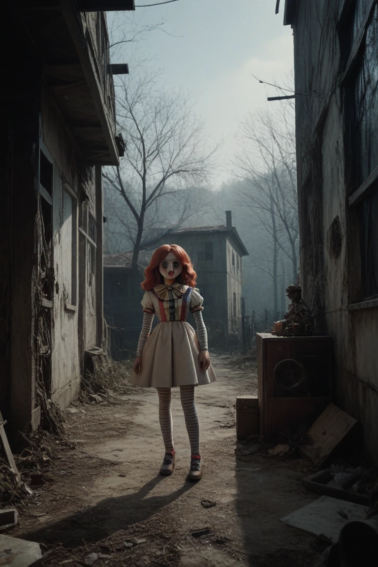 girl, blood at the corner of the mouth, battlefield, red, dirty glass, mutilated top, machinery, zombies