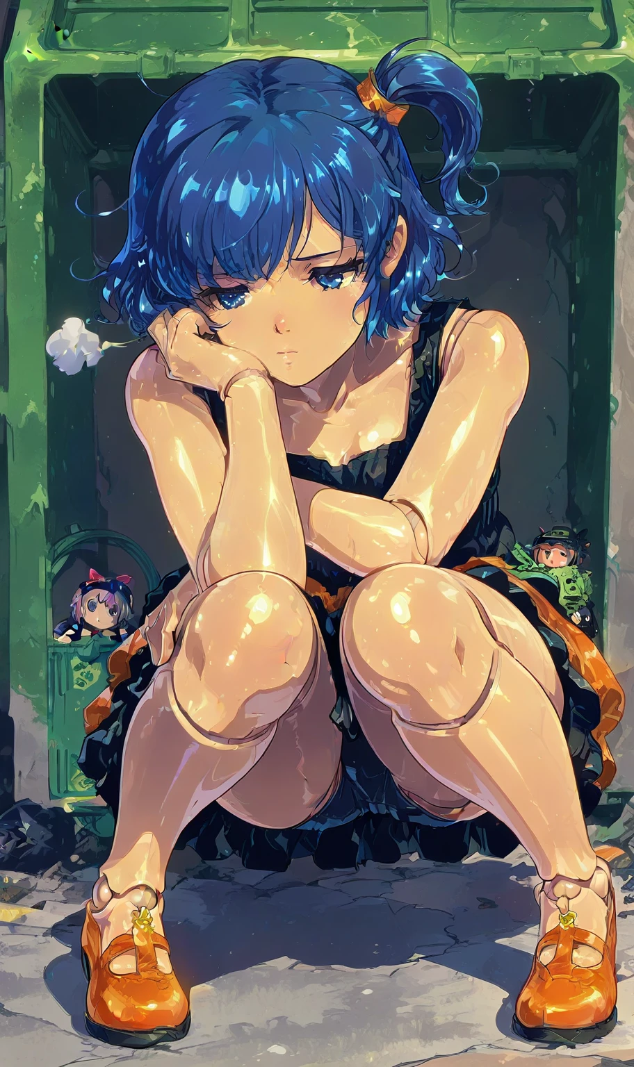 NSFW:1.4), Masterpiece, Best Quality, Ultra high definition, Best Resolution, Very detailed, Anime, ononokiyotsugi, aqua hair, short hair, green eyes, twintails, thick eyebrows, striped pantyhose, blue and gray pantyhose, dress, orange dress, white turtle neck collar, white frills, hat, puffy sleeves, short sleeves, full body, Slender, Very cute, Small breasts, Semi-long hair, Lying down, Wide open legs, Raised legs, Semi-undressing, Wet clothes, Wet body, Sweat, Under the breasts, Embarrassed, blushing, Cleavage, octopus, Sunlight, tentacles, sex, (raped by tentacles:1.2), Restraints, Spread legs, (Vaginal with tentacles inserted:1.4), creampie, Breast Out