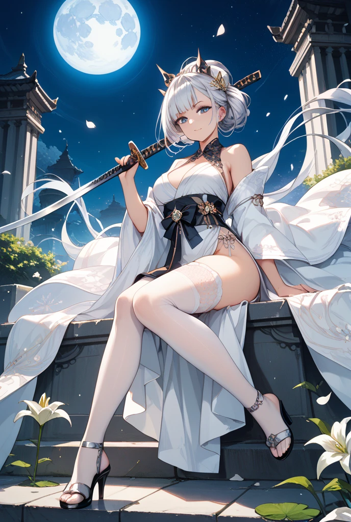 masterpiece, best quality, <lora:ZeroDrakenGardV3:1>, WhiteOutfit, 1girl, flower over eye, long hair, breasts, white hair, medium breasts, red eyes, outdoors, sleeping upright, leaning on weapon