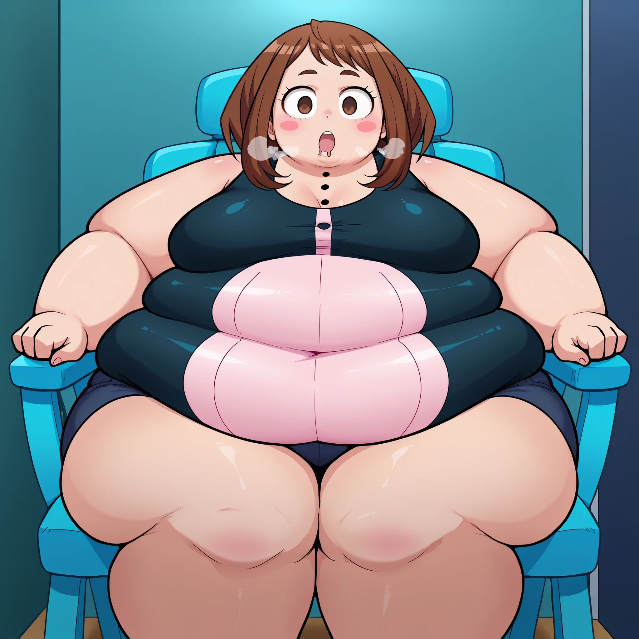 score_9,score_8_up, score_7_up, source_anime, rating_questionable, 1girl, solo, score_7_up, anime screencap, score_9, score_8_up, score_7_up, source_anime, Uraraka ochako, brown hair, brown eyes, blush stickers, sl0uch1ng, sitting ,chair, empty_eyes, blank_stare, empty_stare, drool, hypnosis, fat, chubby, obese, gigantic arms and legs, large breasts open mouth, out of breath