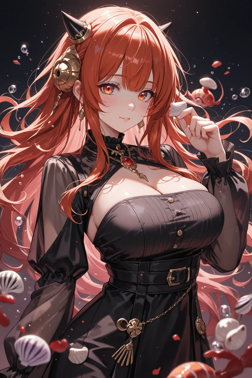 A crunchy dreamy woman in charge of colorful jet black, a wide landscape shot of a techno nightmarish landscape background, a mysterious, translucent glow of green and pink liquid in tattered women's church clothes. The body of a sphere filled with bubbles is shattered,