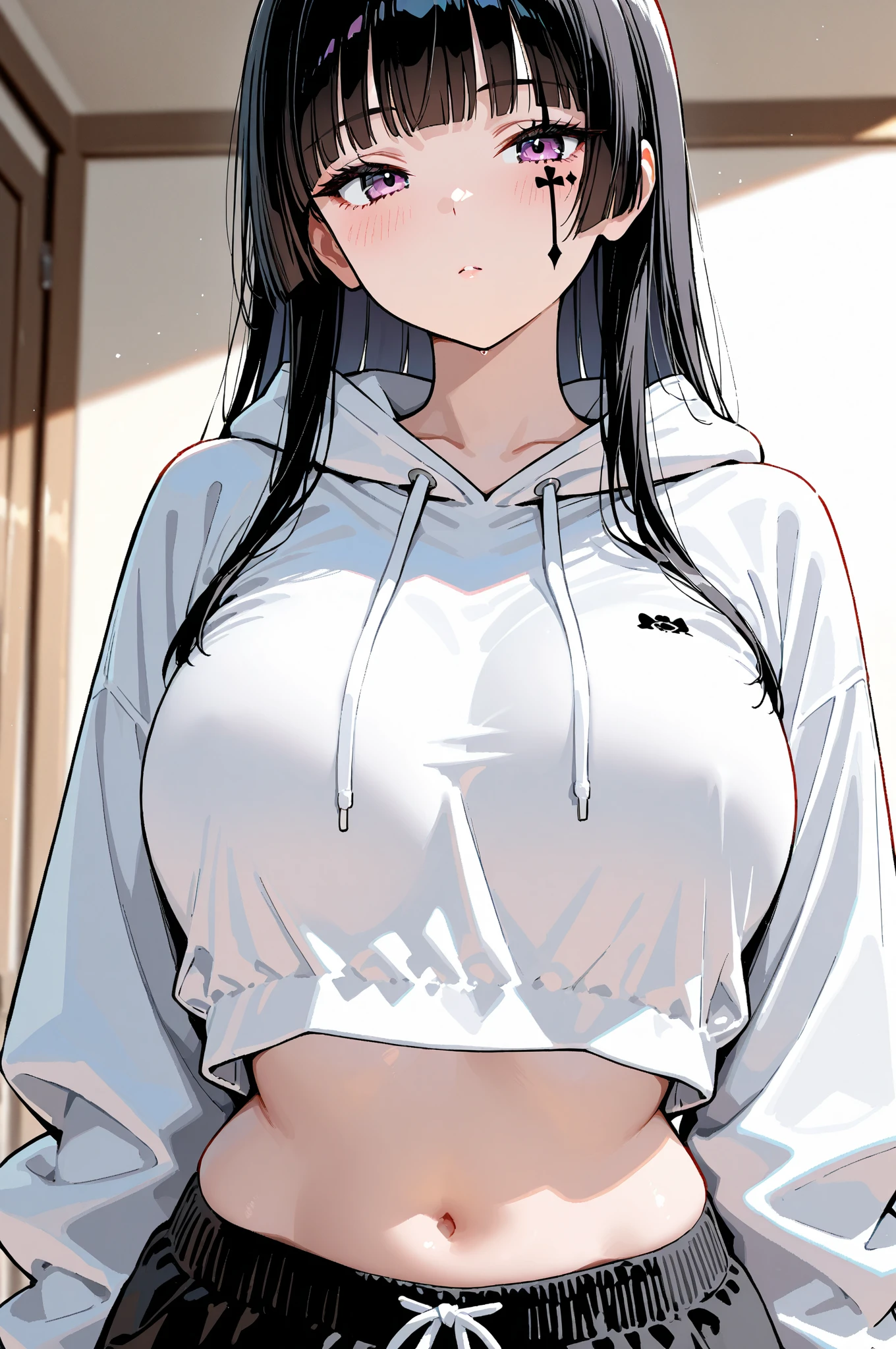 (Japanese girl),alone, masterpiece,huge breast, looking at viewer, detail eyes, (detail face:1.2), standing,  (front view), (Cropped Hoodie), looking at viewer, smile, perfect breast, indoors, dolphine shorts