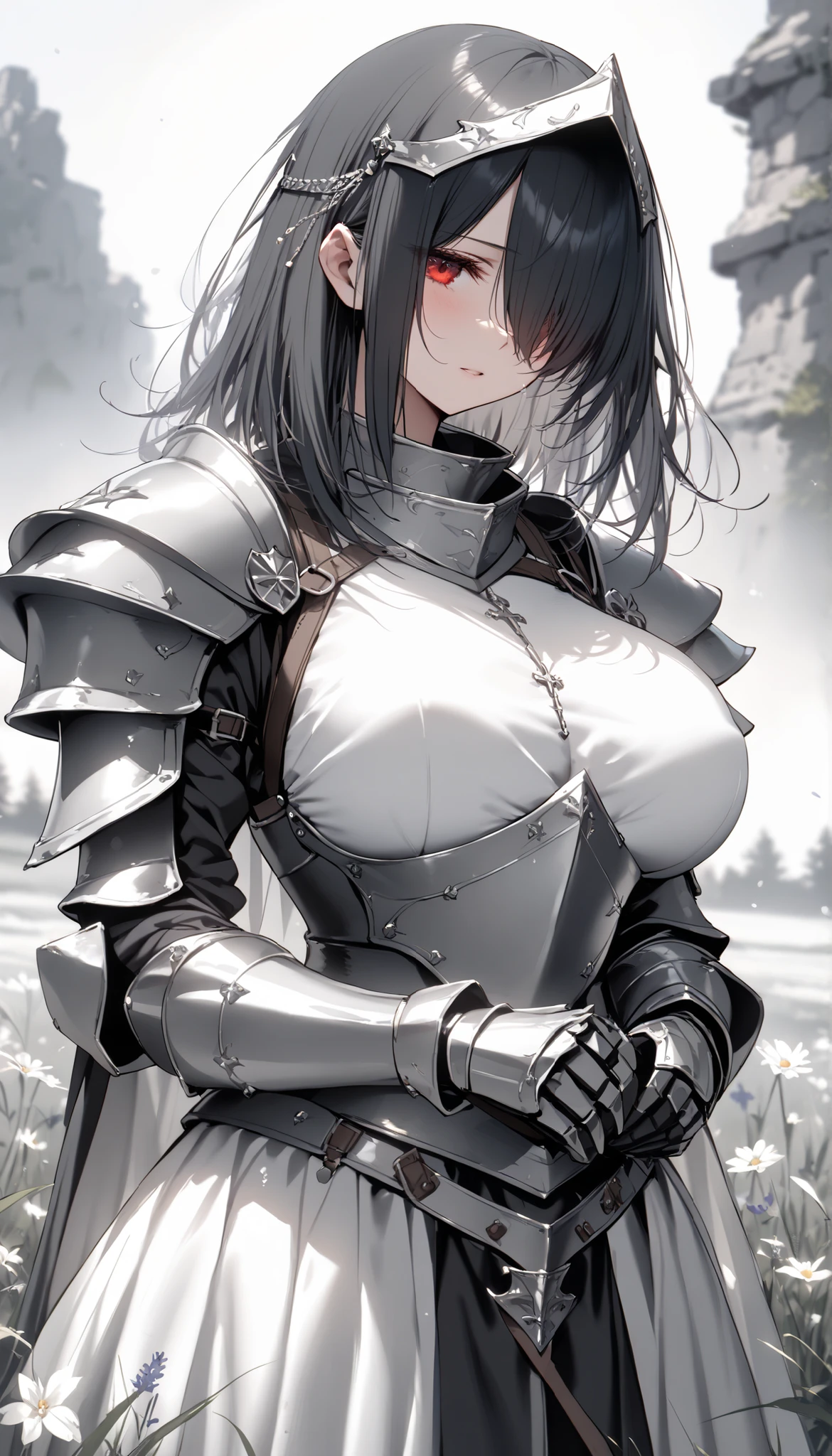 female knight　Silver Armor　Large sword　Black Hair　tiara　Beautiful breasts　Shortcuts　Torn white miniskirt　White panties　Torn white tights　battlefield　snow　Bleeding　injury　Holding back tears