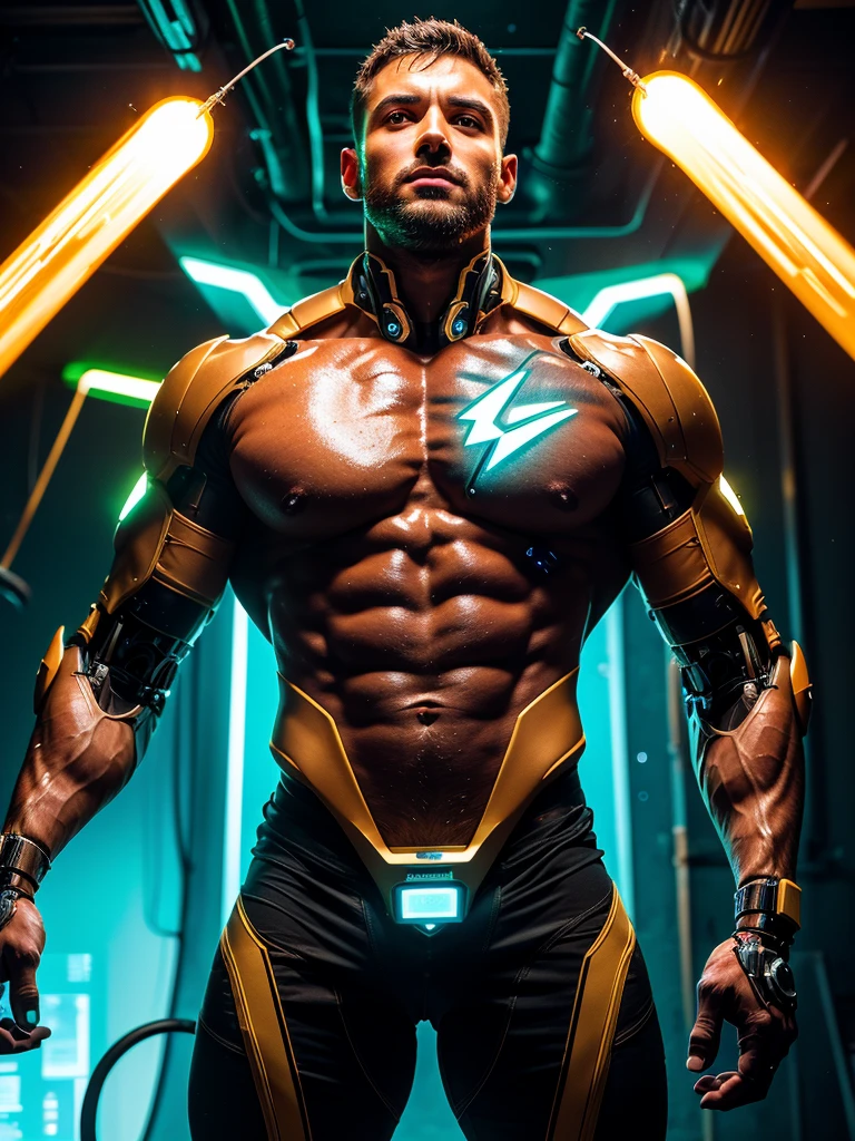 (best quality,4k,8k,highres,masterpiece:1.2),ultra-detailed,(realistic,photorealistic,photo-realistic:1.37),bright vibrant colors,studio lighting,physically-based rendering,pose:running,jumping,speed,crimson red,electric blue,reflective surfaces,shiny metallic texture,fluttering cape,superhero,intricate details,fierce expression,bold lines,action-packed,comic book style,mask:full-face coverage,sleek design,index finger pointing forward,sparkling lightning bolts,exaggerated muscle definition,sharp focus,high-tech,heroic stance,striking contrast,energy crackling,superhuman speed,heroic proportions,red and yellow lightning effects,explosive background,cityscape at night,energetic aura.