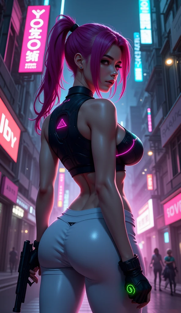 cheerful face, original pink long hair, long eyelashes, beautiful eyes with brightness, surrealism, shadow, stereogram, (photorealistic, realistic: 1.2), POV, atmospheric perspective, cinematic lighting, ray tracing, 8k, super detail, best quality, masterpiece, well detailed, (Canan EOS R6, 135mm, 1/1250s, f/2.8, ISO 400:0.9), cyberpunk, neon, neon signs, ramen shops, night, cleavage, from the back, string, tank top,   bubble butt, round small ass