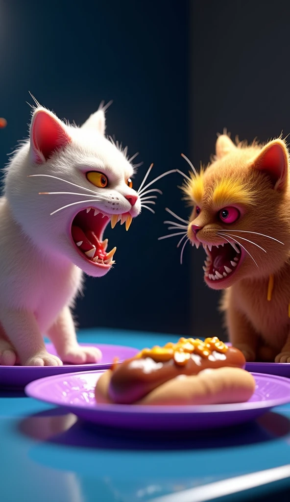 A cat eating sausage and a gray cat watching sadly
